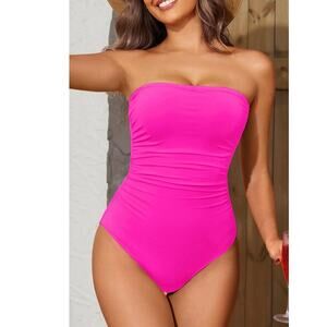 Holipick Women Pink Strapless Bandeau One Piece Swimsuit Tummy Control M